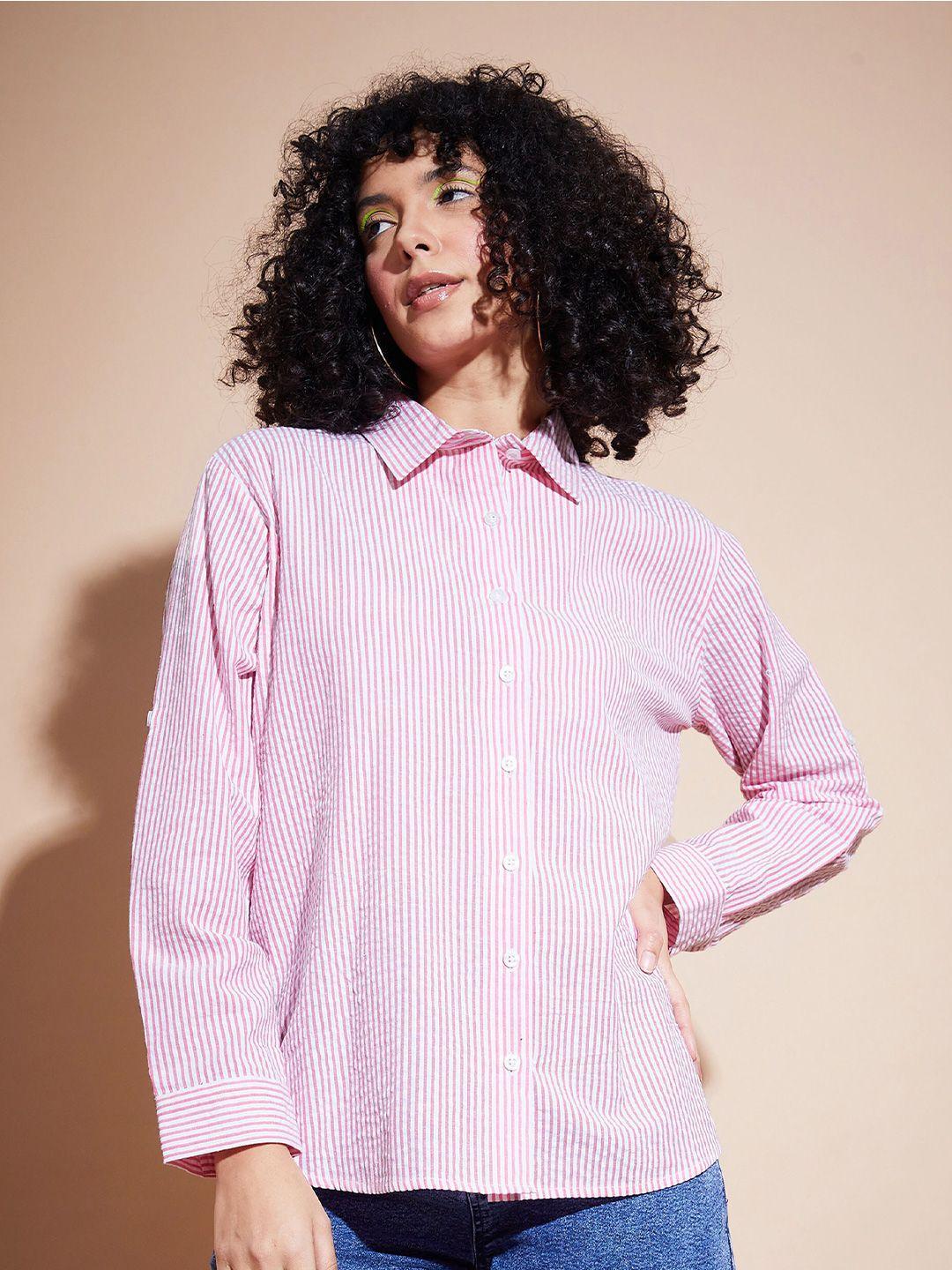 sassafras basics oversized vertical stripes roll-up sleeves cotton casual shirt