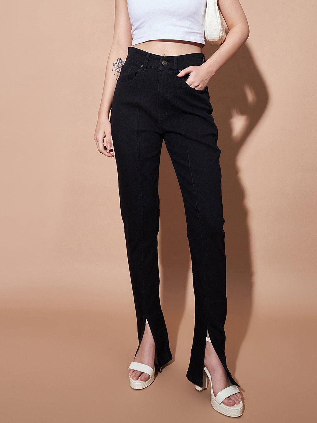 sassafras basics women skinny fit mid-rise clean look slit jeans
