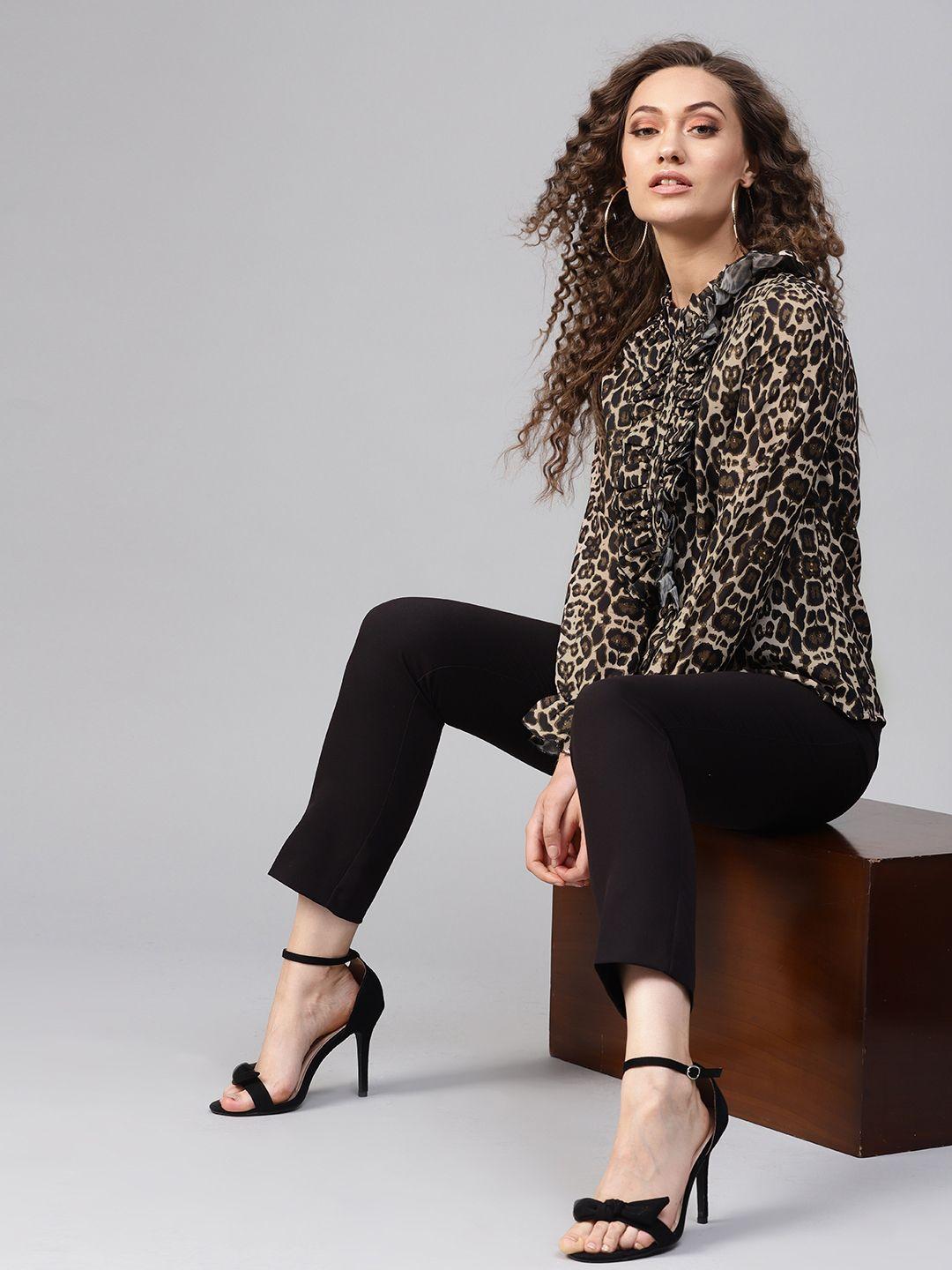 sassafras beige & black animal print shirt style top