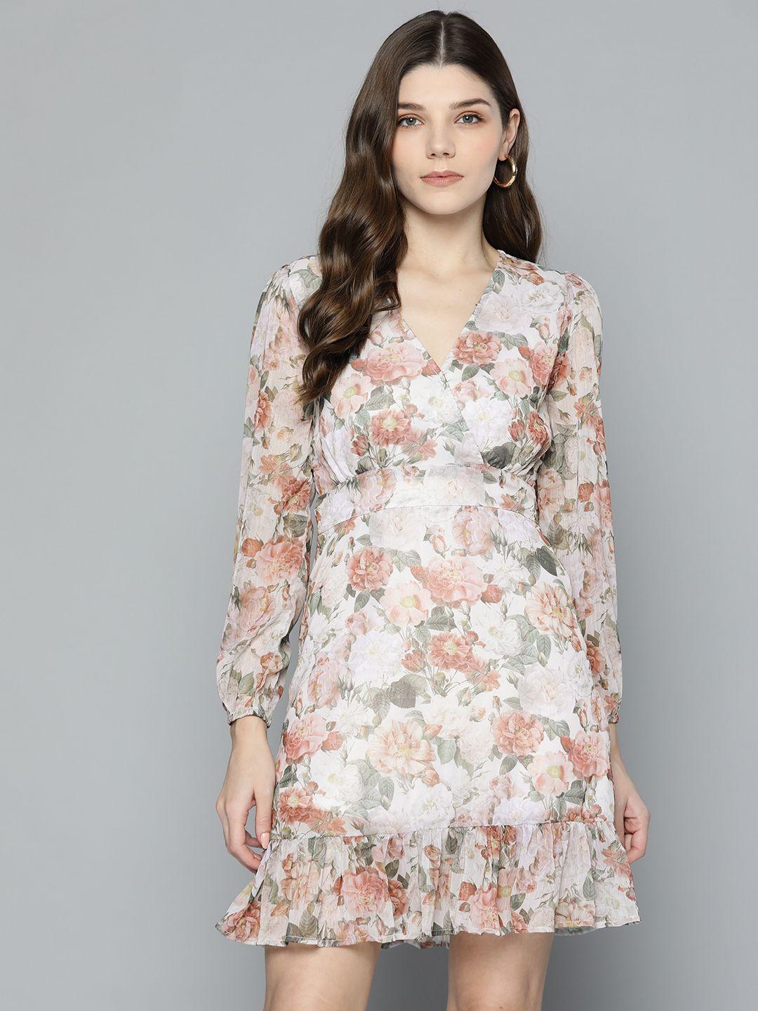 sassafras beige & pink floral chiffon frill hem  a-line dress