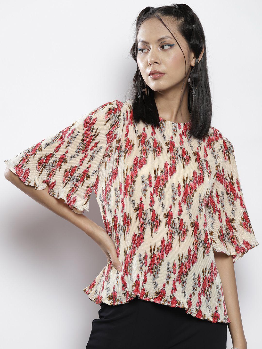 sassafras beige & red floral print blouson top