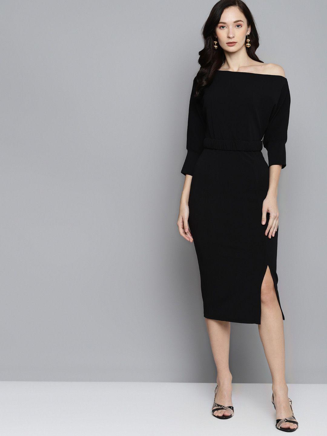 sassafras black one-shoulder belted drop shoulder midi dress