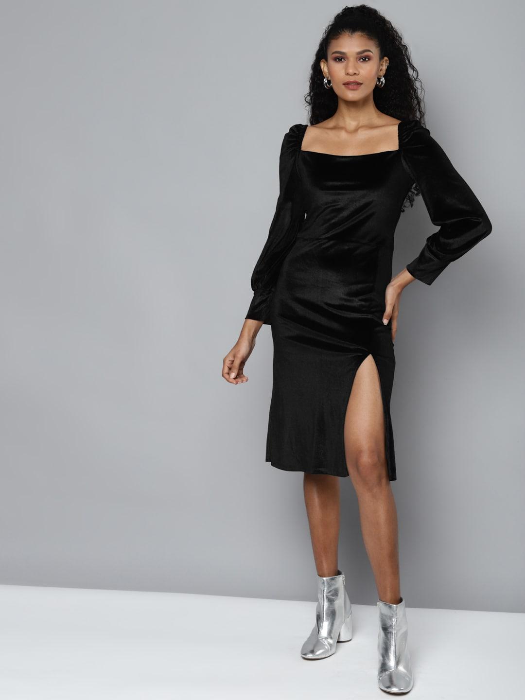 sassafras black velvet front slit bodycon dress