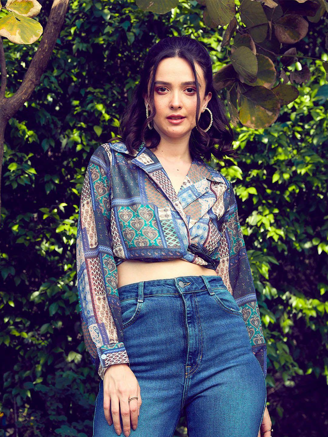 sassafras blue & green ethnic motifs printed bohemian shirt style crop top