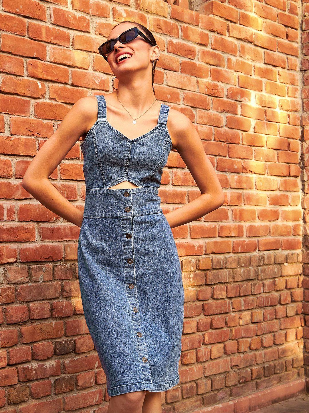 sassafras blue cut-out denim pinafore dress