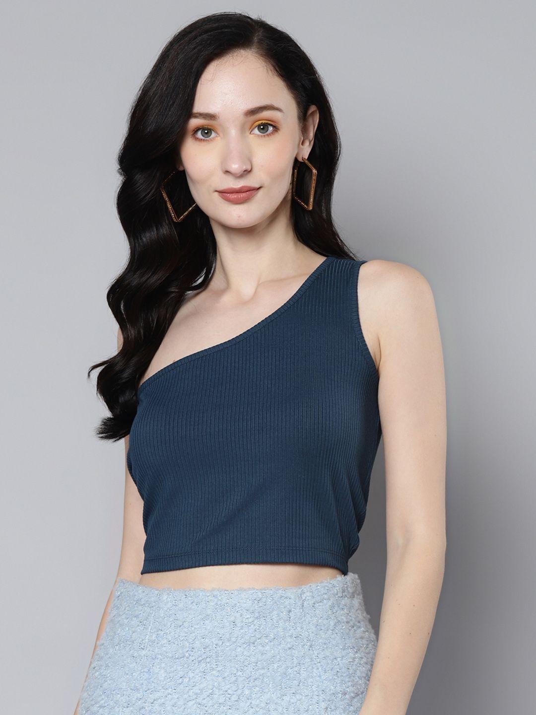 sassafras blue one shoulder crop top