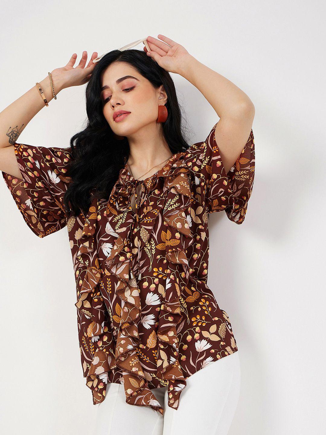 sassafras brown animal print bell sleeve georgette top