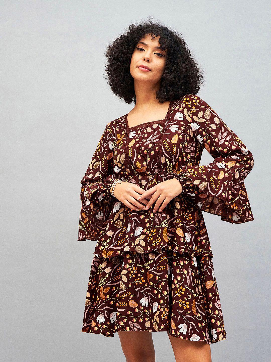 sassafras brown floral printed bell sleeves layered fit & flare mini dress