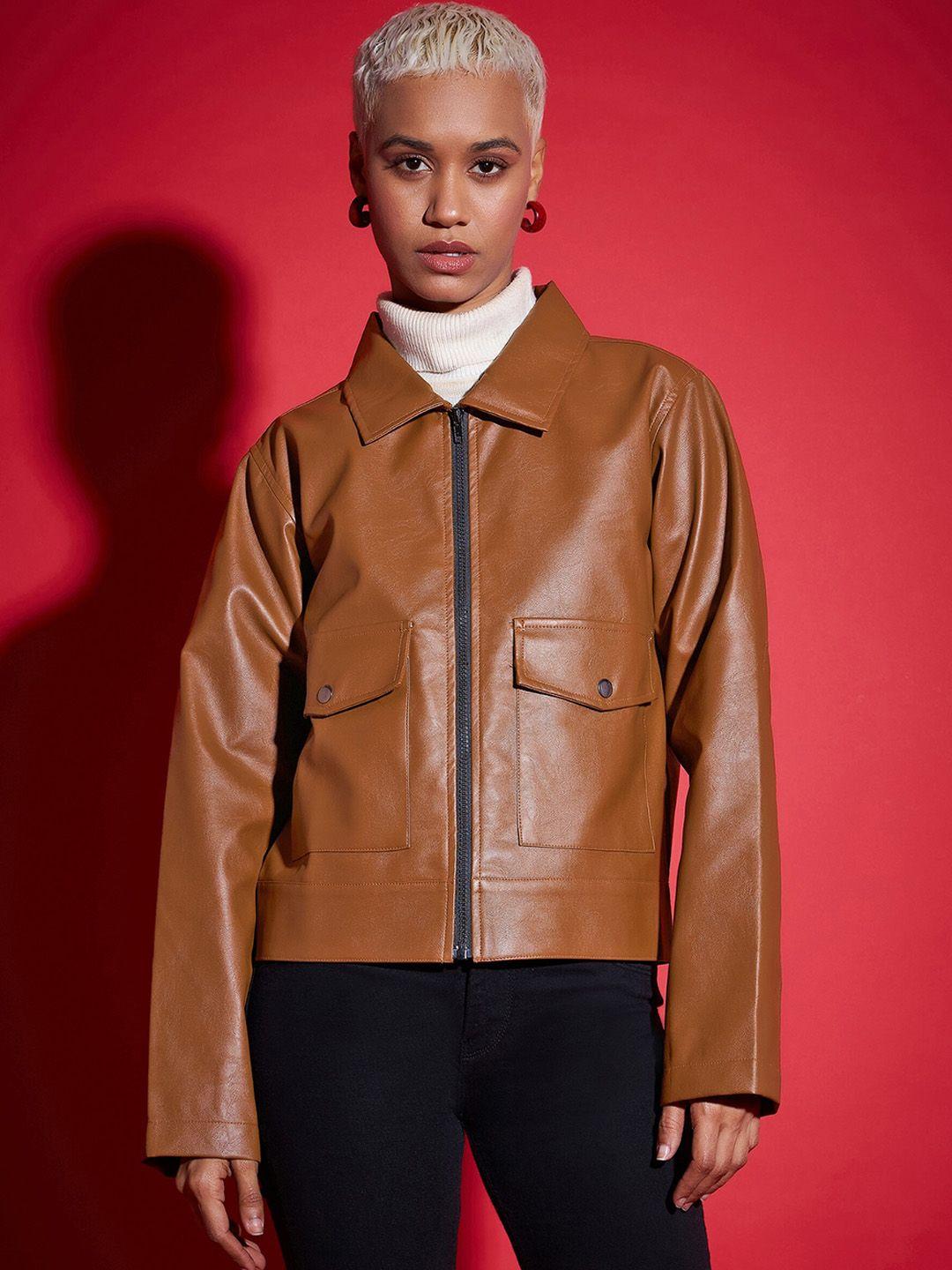 sassafras brown spread collar leather jacket