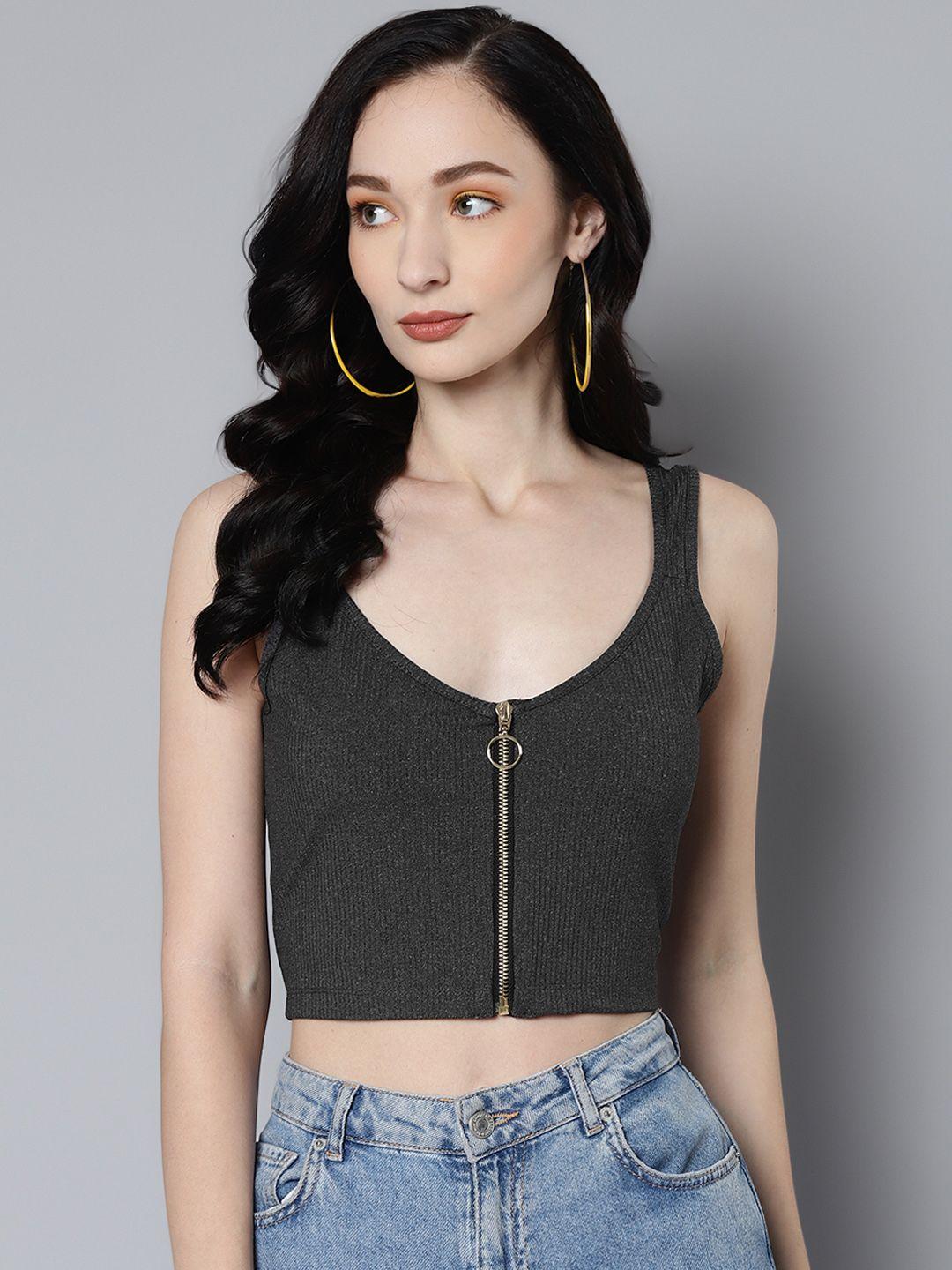 sassafras charcoal grey front zipper crop top