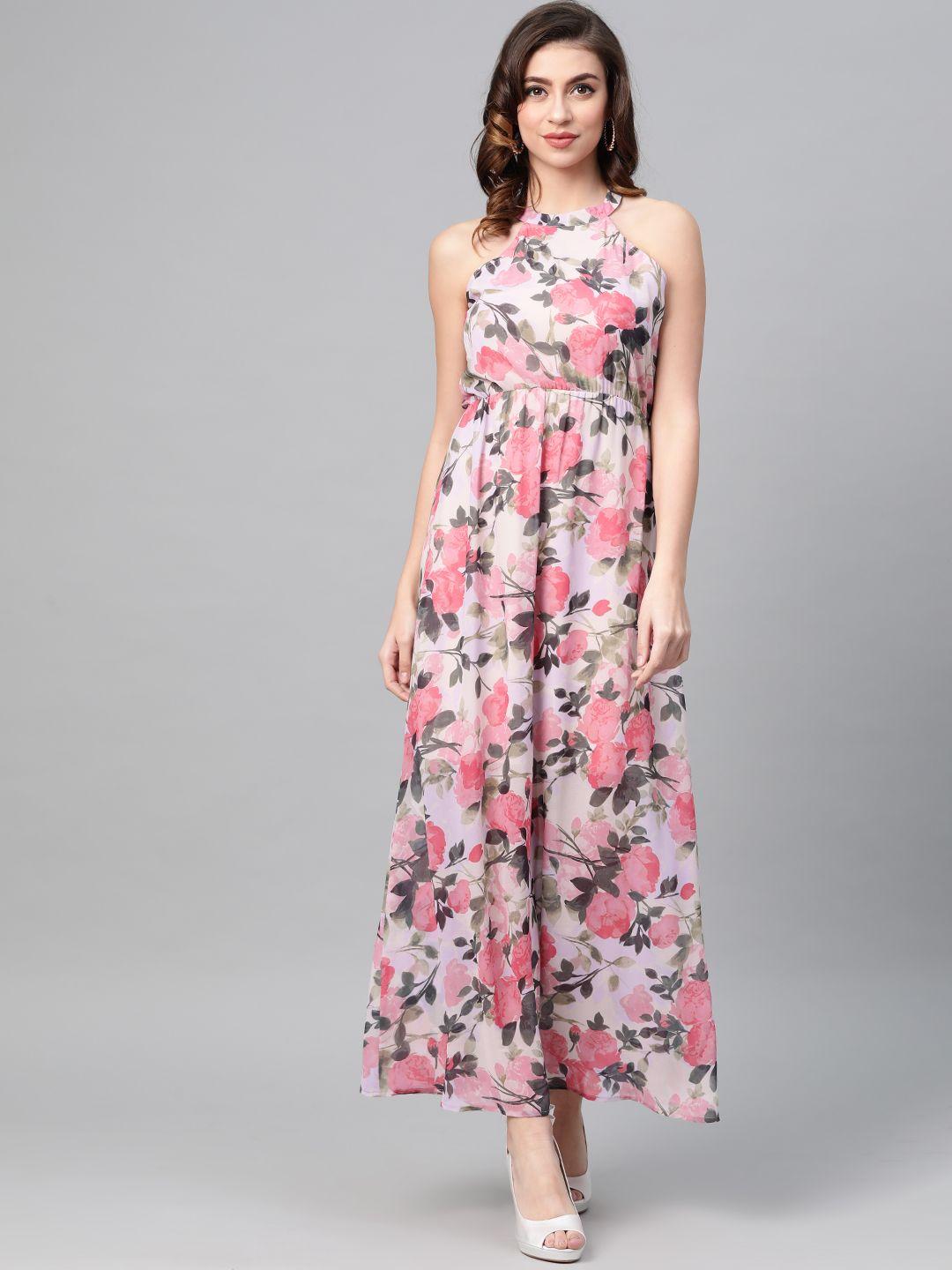 sassafras cream-coloured & pink floral printed maxi dress