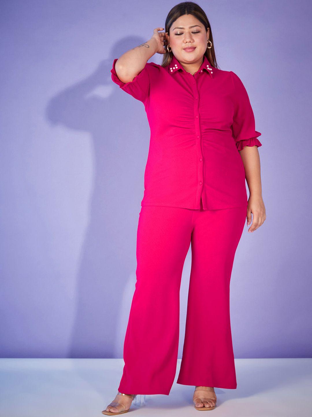 sassafras curve fuchsia pink plus size self design shirt with trouser co-ords