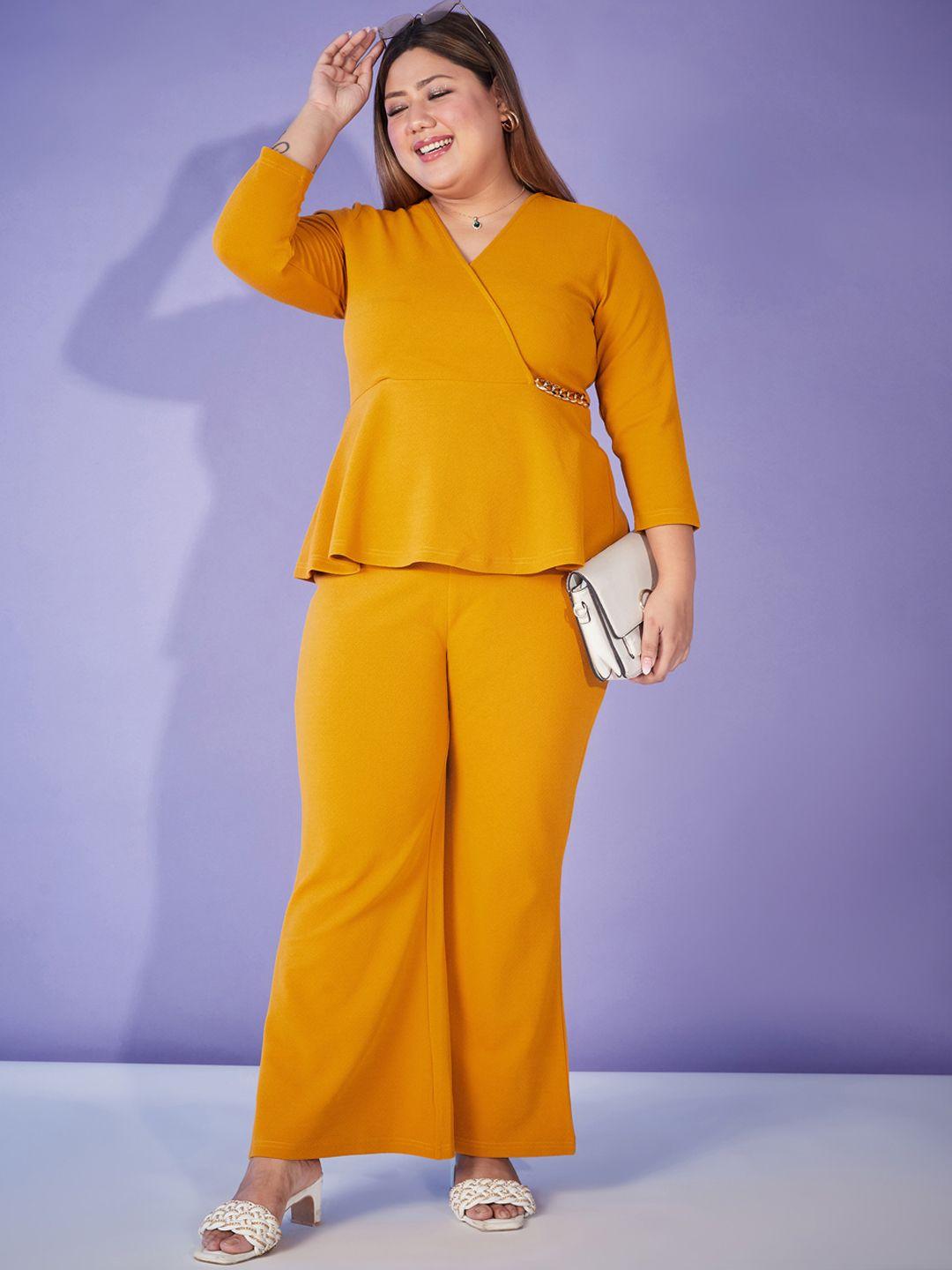 sassafras curve mustard yellow plus size embellished top with trouser co-ords