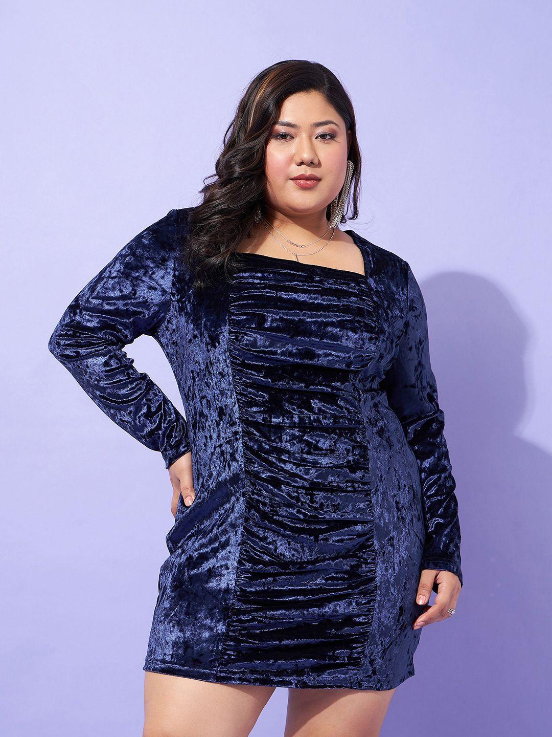 sassafras curve navy blue plus size square neck ruched velvet bodycon dress