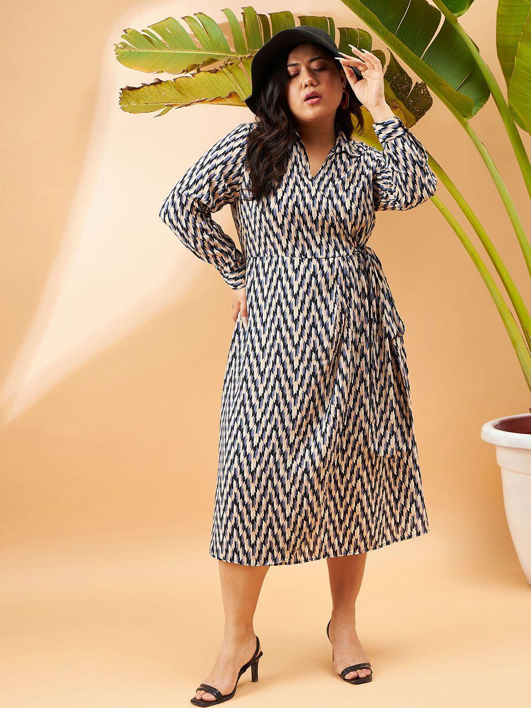 sassafras curve plus size black geometric printed georgette wrap midi dress