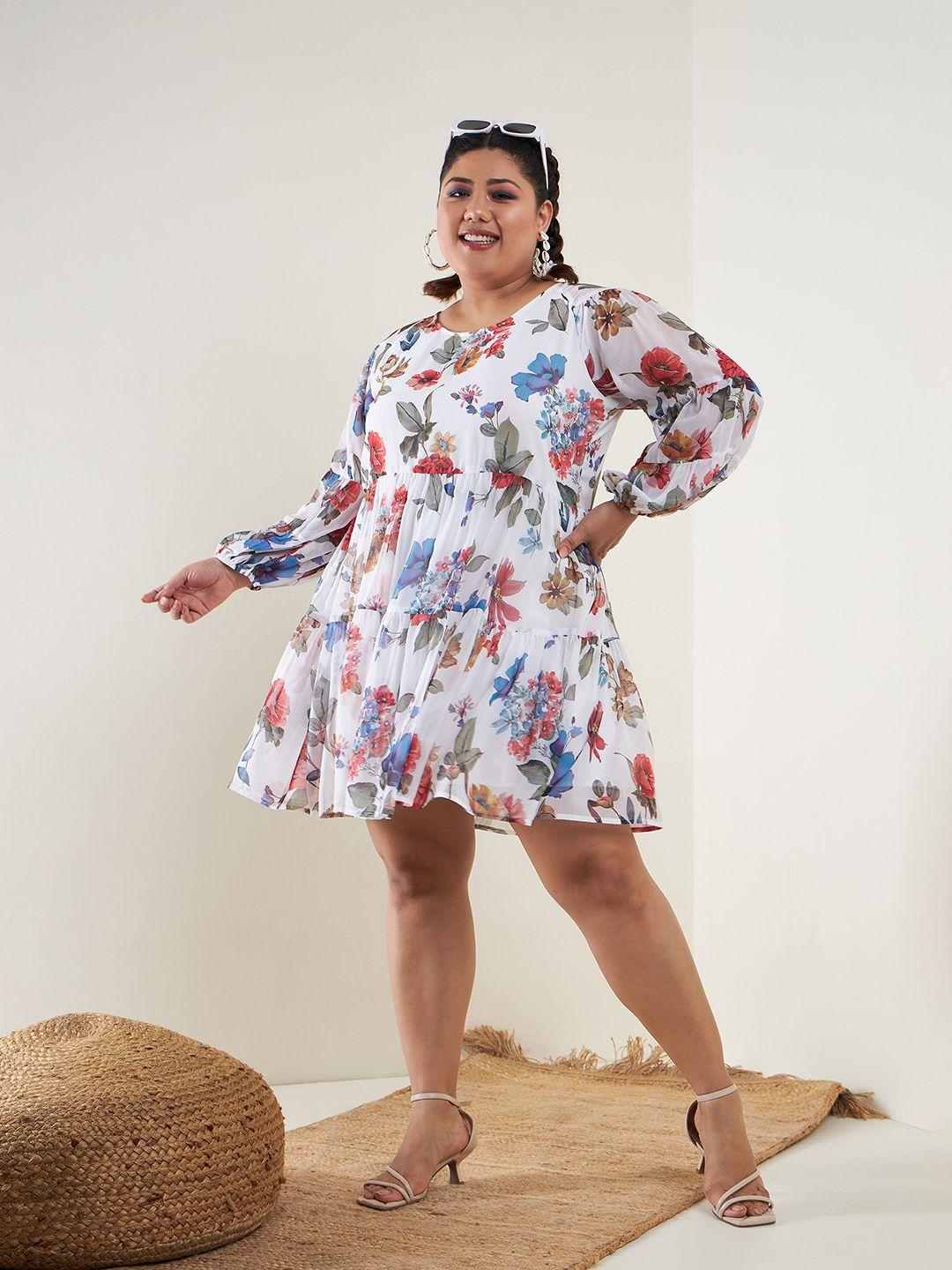 sassafras curve plus size floral printed puff sleeves tiered a-line dress