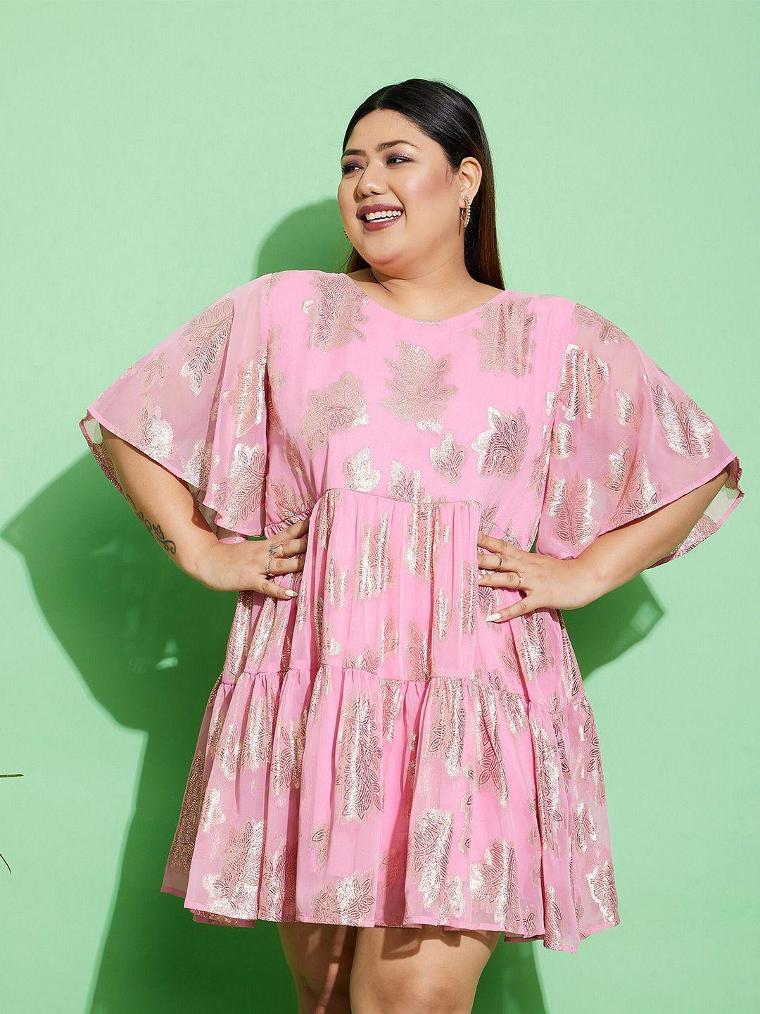 sassafras curve plus size pink floral printed flared sleeves knee length fit & flare dress