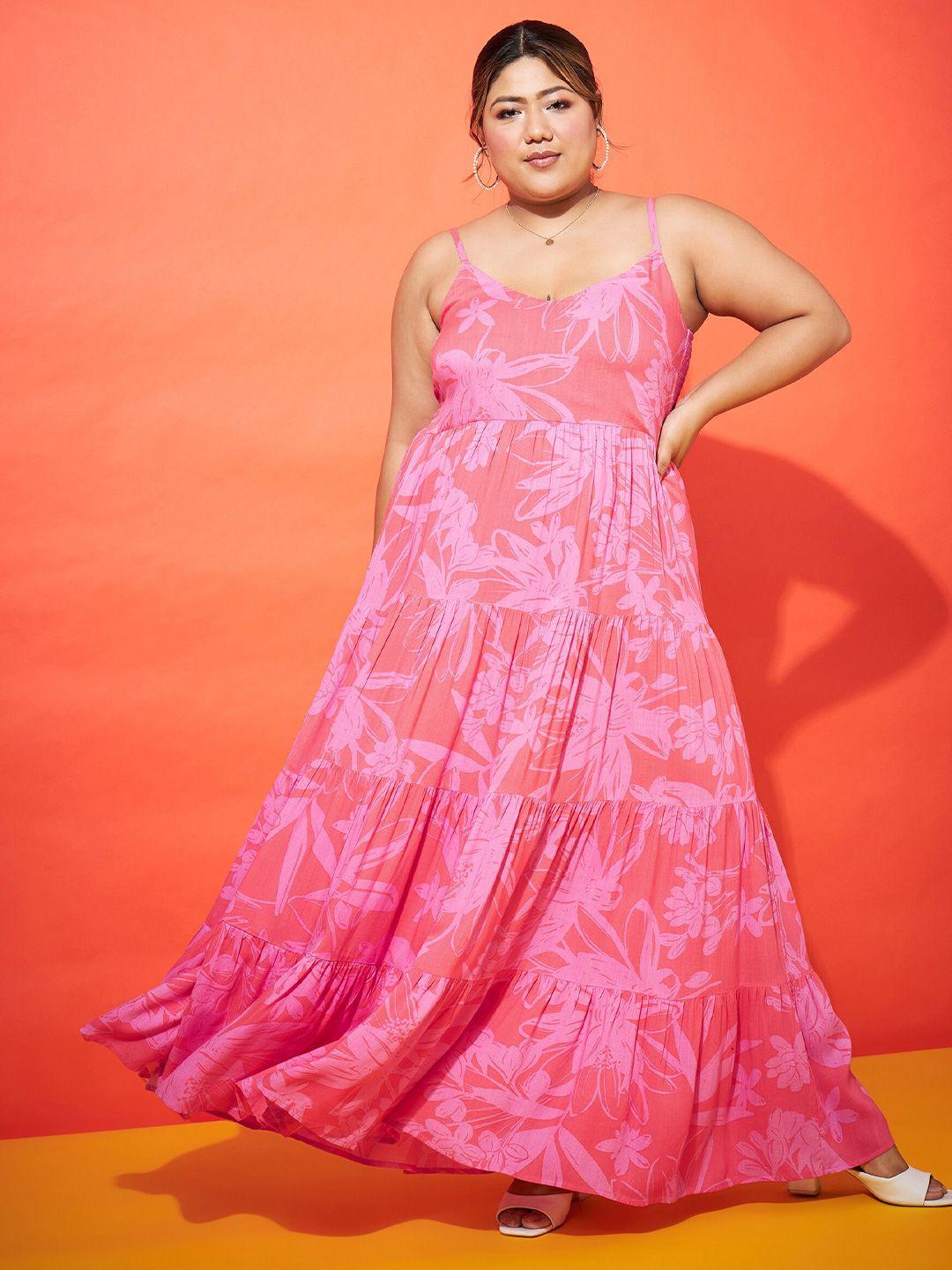 sassafras curve plus size pink floral printed shoulder straps smocked & tiered maxi dress