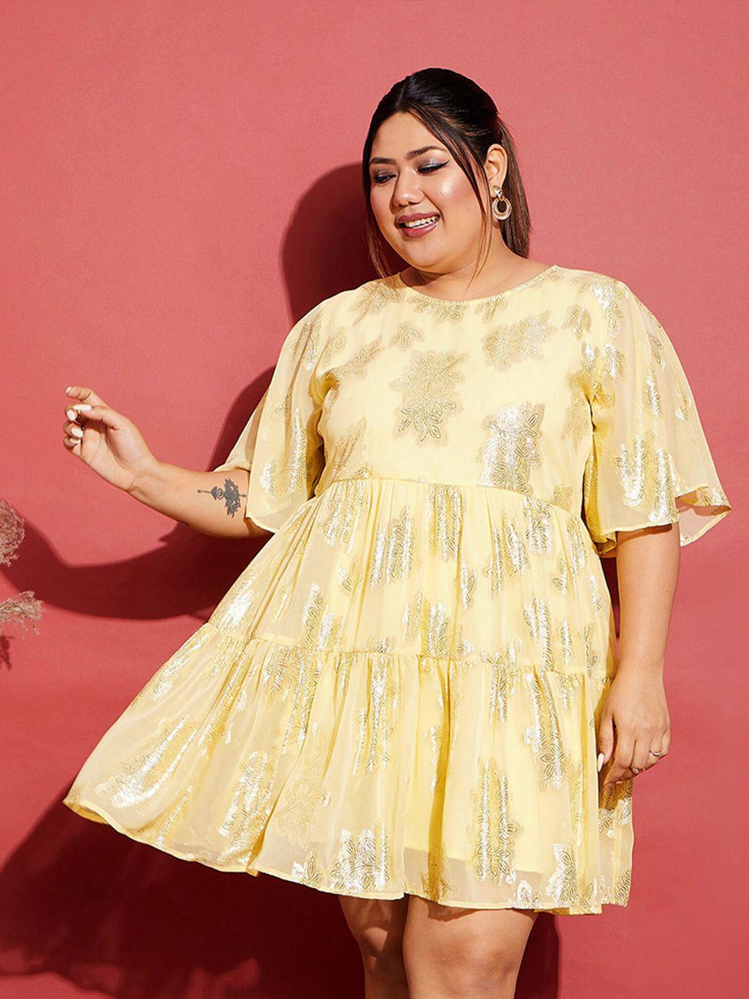 sassafras curve plus size yellow floral printed knee length fit & flare dress