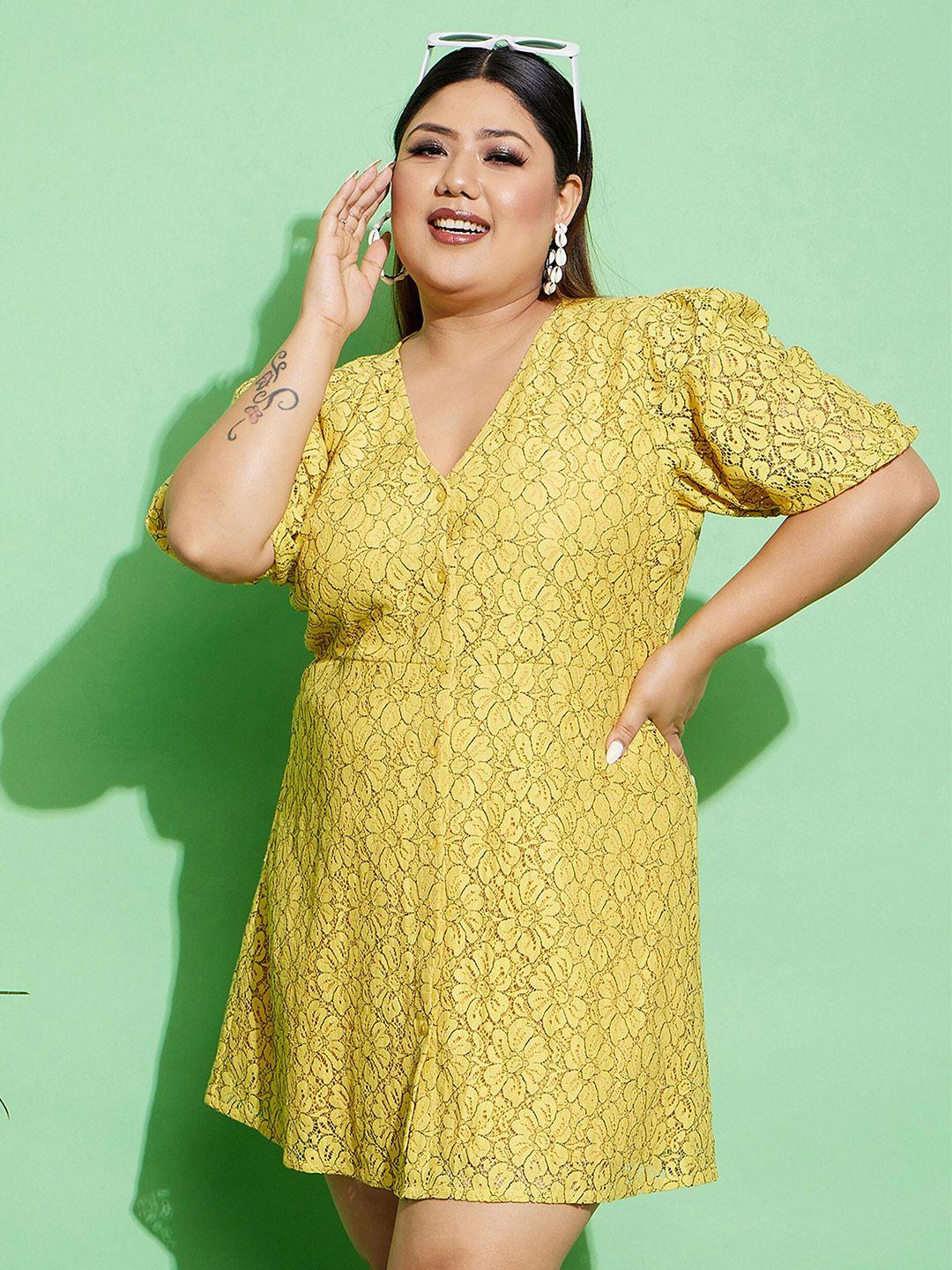 sassafras curve plus size yellow self design lace a-line dress