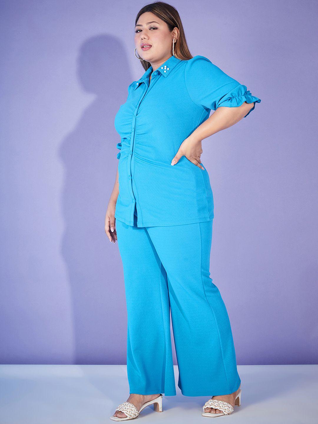 sassafras curve turquoise blue plus size ruched shirt with trouser co-ords