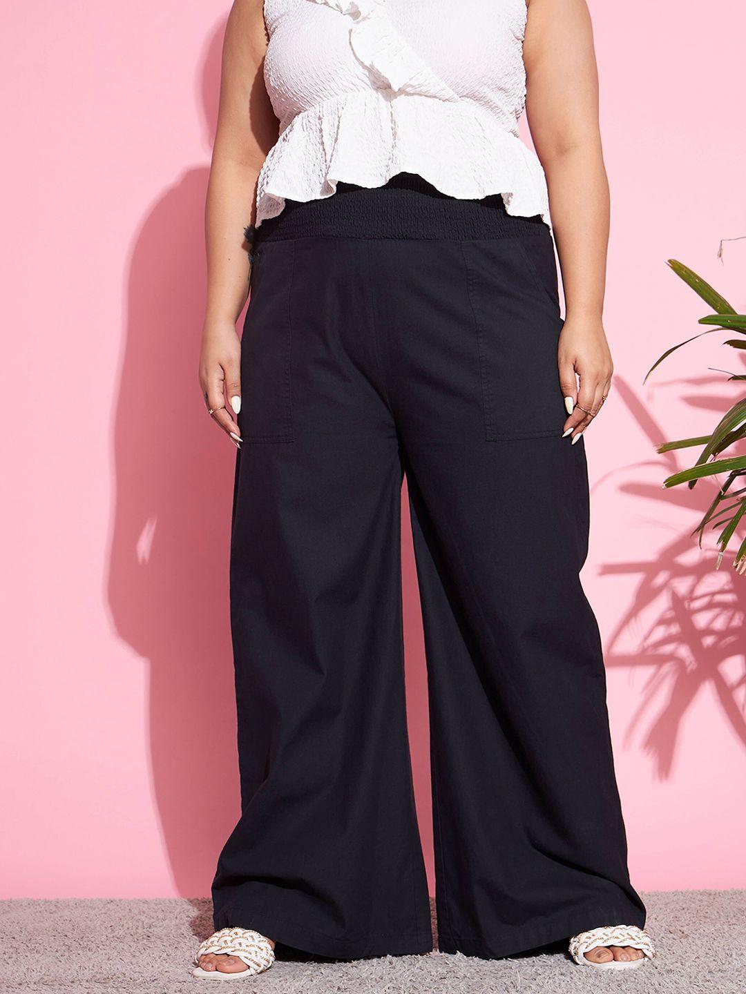 sassafras curve women black straight fit high-rise pure cotton parallel trousers