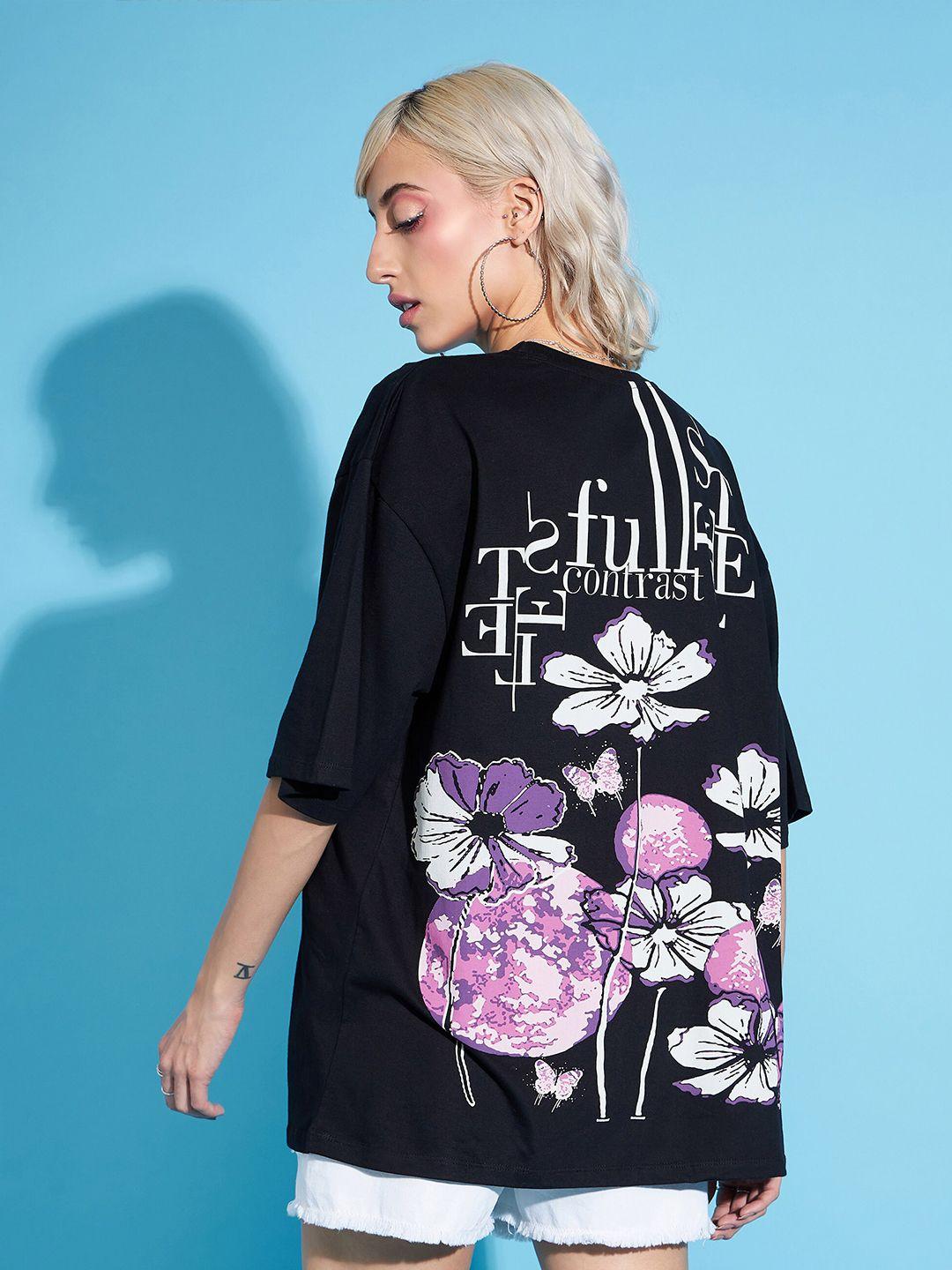 sassafras drop shoulder sleeves black floral printed boxy t-shirt