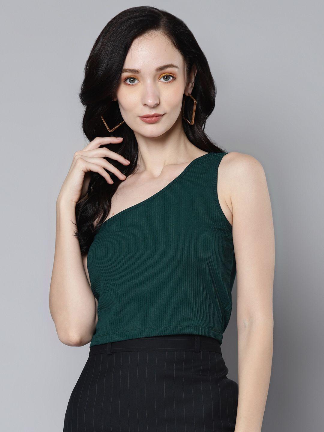 sassafras emerald green ribbed one shoulder crop top