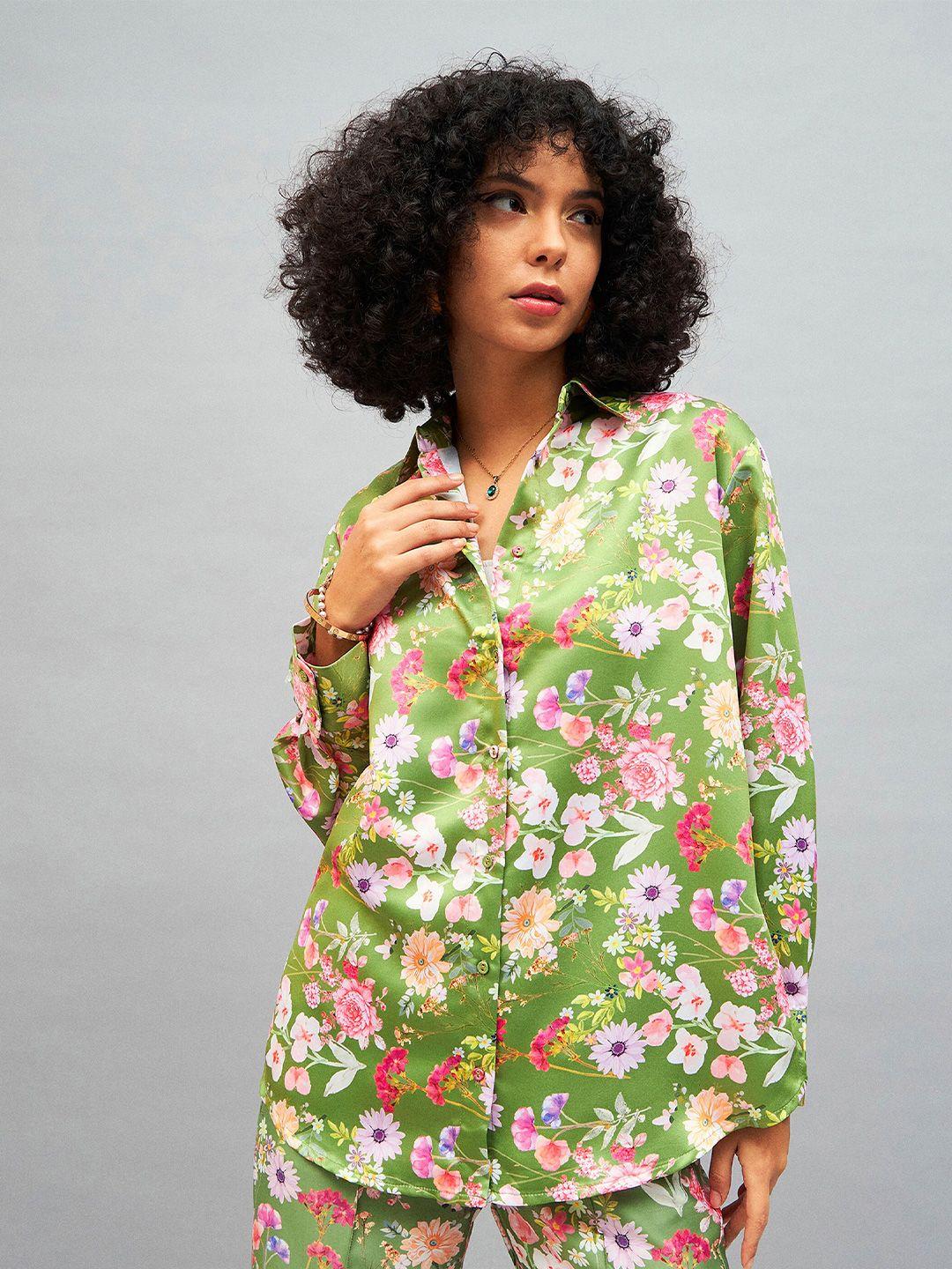 sassafras floral printed satin oversized casual shirt