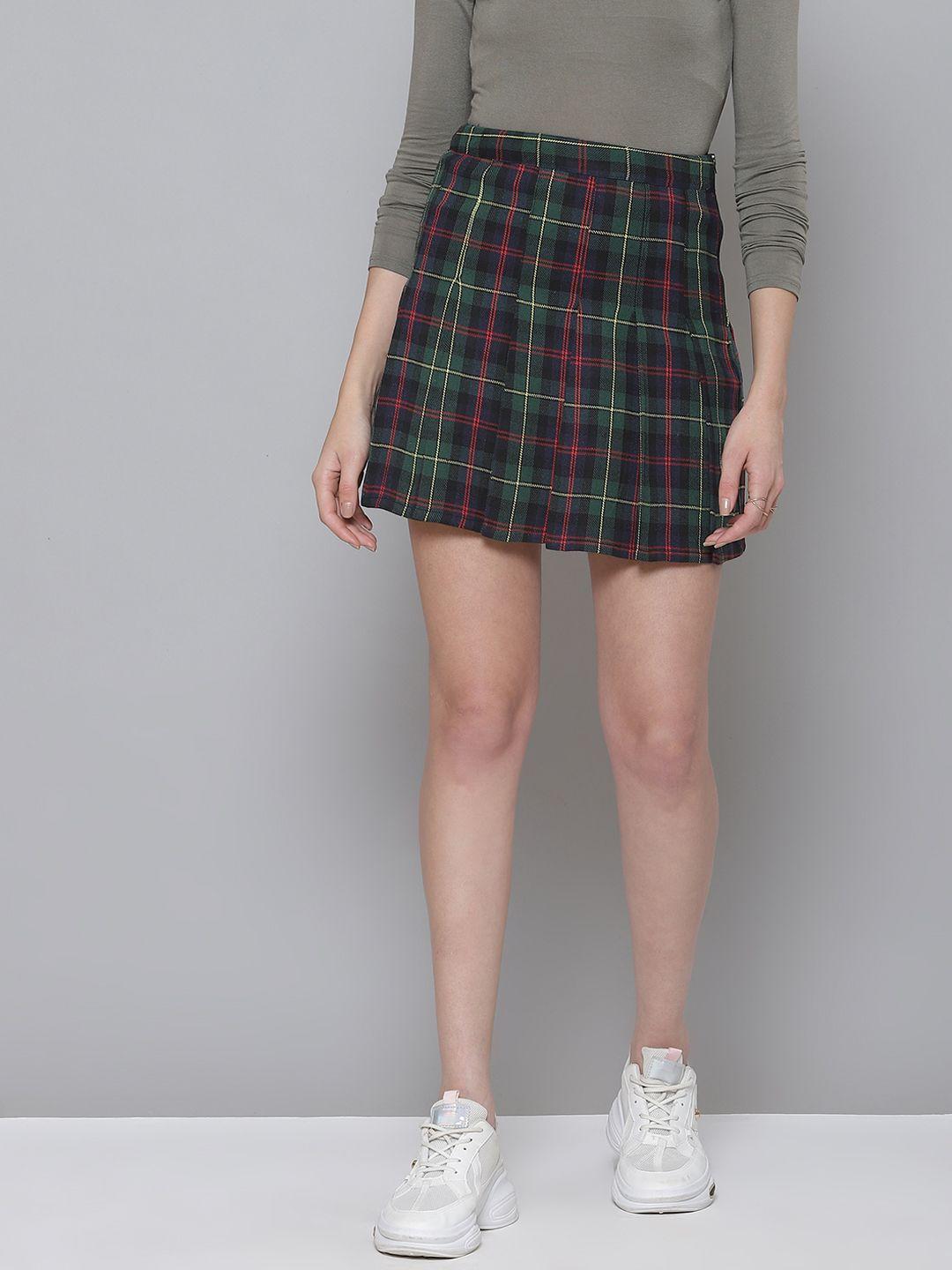 sassafras green & navy blue checked a-line pure cotton skirt