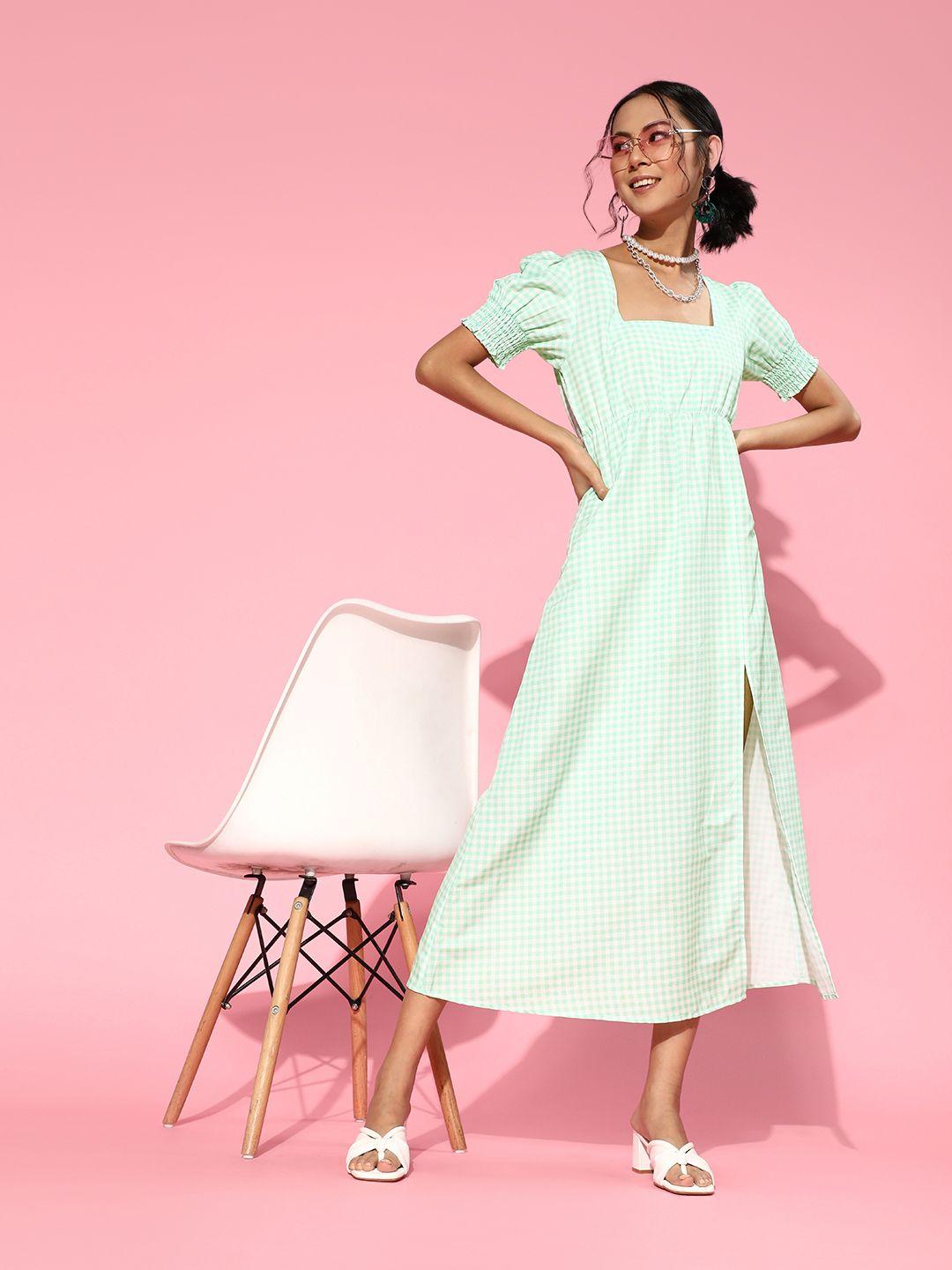 sassafras green & white checked a-line maxi dress