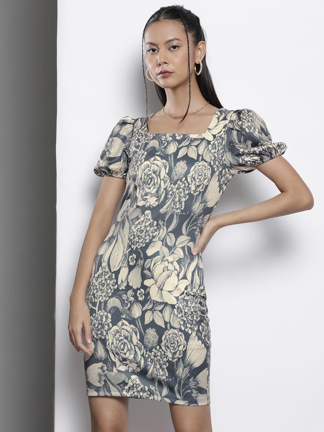 sassafras grey & beige floral scuba bodycon dress