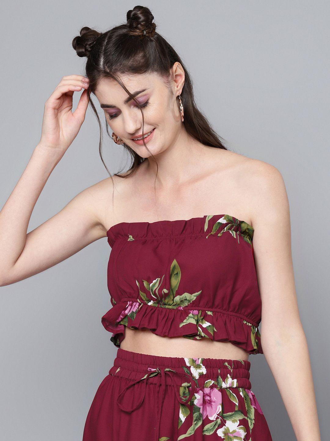 sassafras maroon & green floral off-shoulder ruffles tube crop top