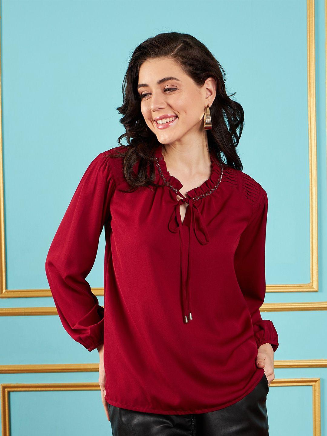 sassafras maroon tie-up neck puff sleeve top