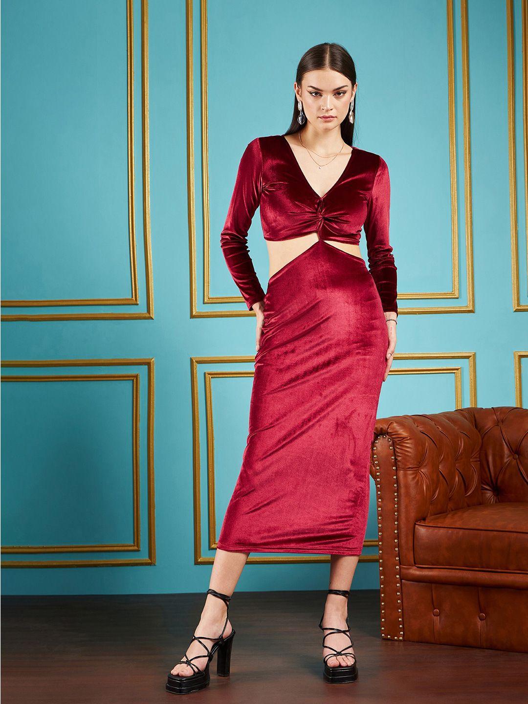 sassafras maroon v-neck long sleeves cut out velvet sheath midi dress