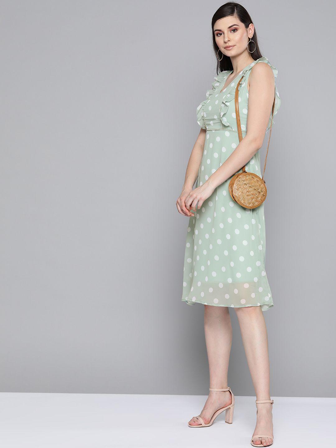 sassafras mint green & off-white polka dots print fit and flare dress