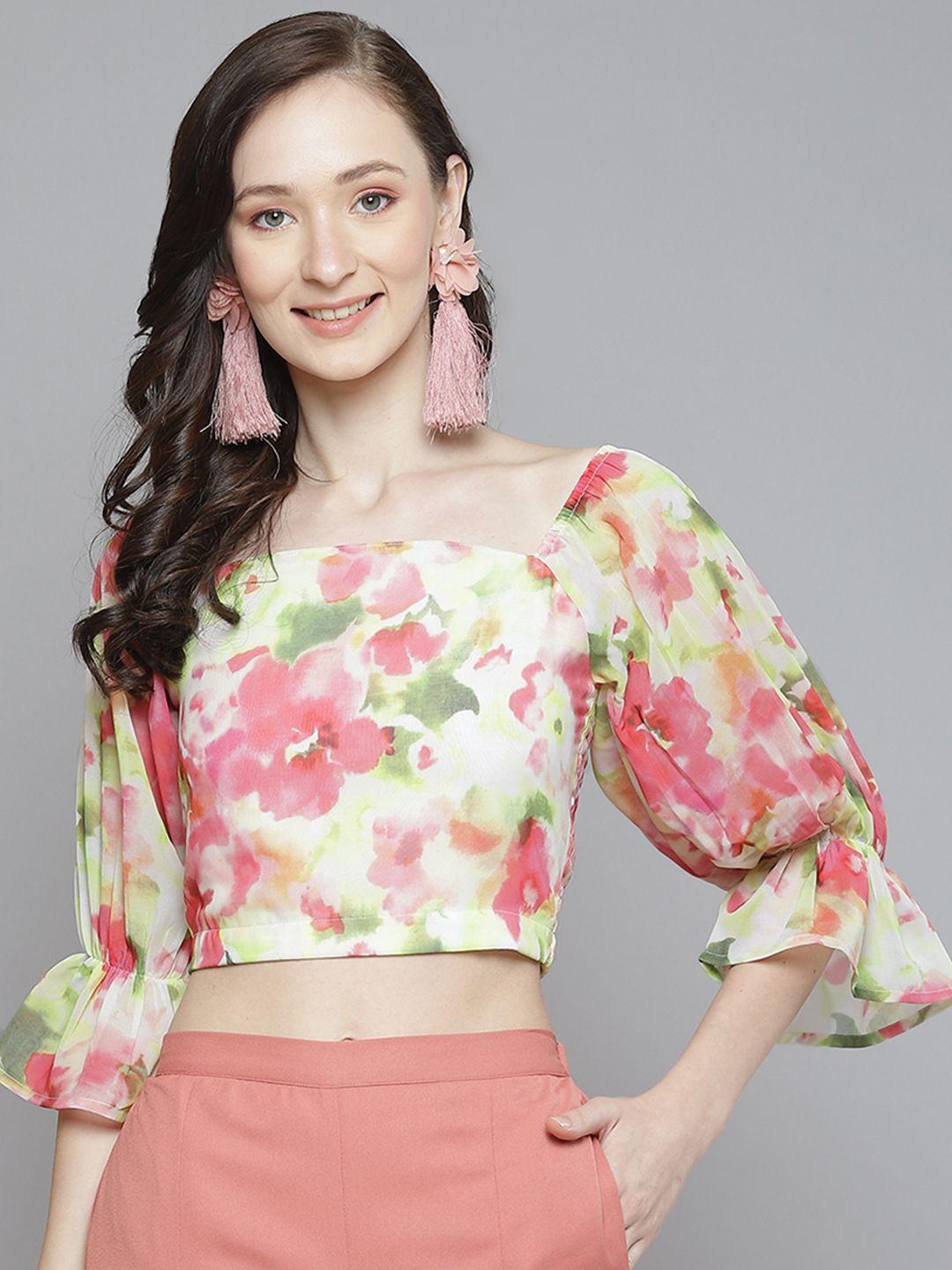 sassafras multicoloured floral print smocked georgette crop top