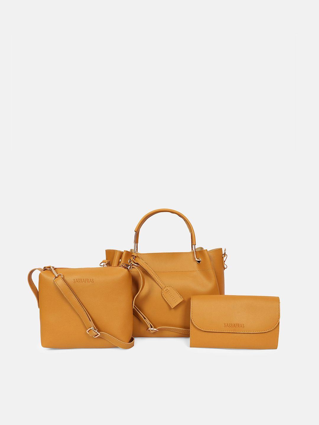 sassafras mustard brown structured handheld bag with sling bag & wallet