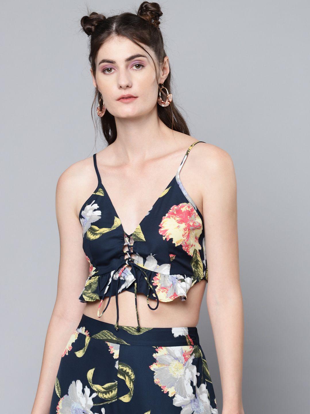 sassafras navy blue & pink floral print strappy crop top