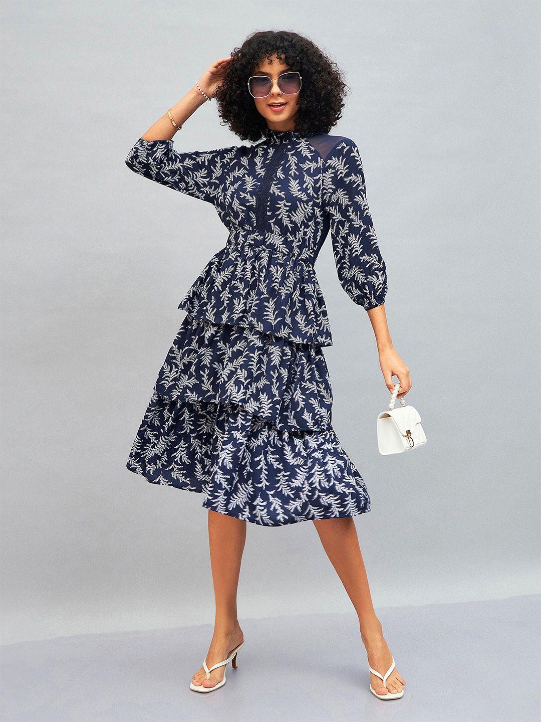sassafras navy blue floral printed high neck cuffed sleeves layered fit & flare midi dress