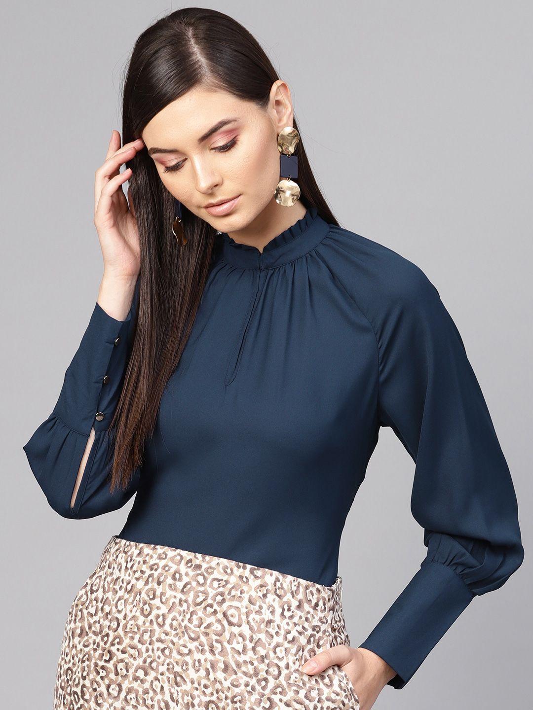 sassafras navy blue pleated keyhole neck top