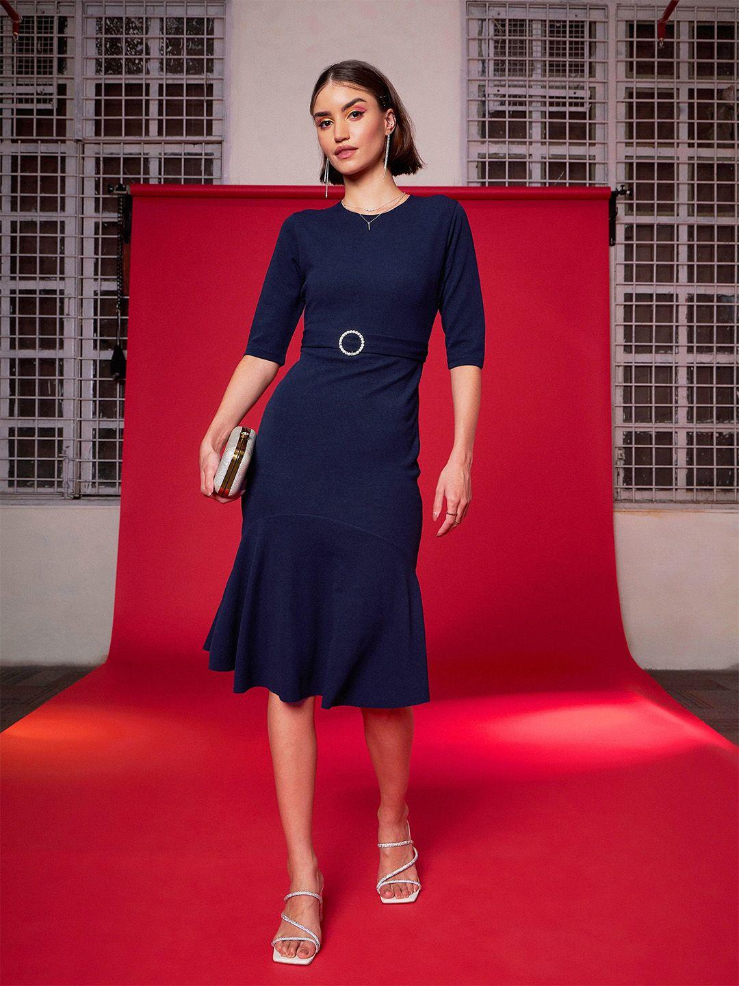 sassafras navy blue sheath midi dress