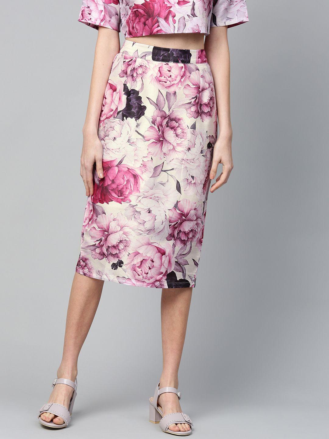 sassafras off white & pink floral printed pencil skirt