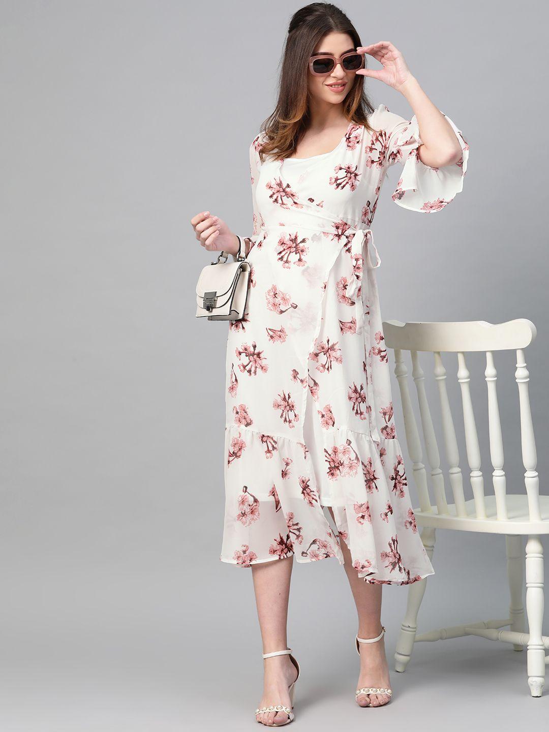 sassafras off-white & pink floral printed semi-sheer wrap dress