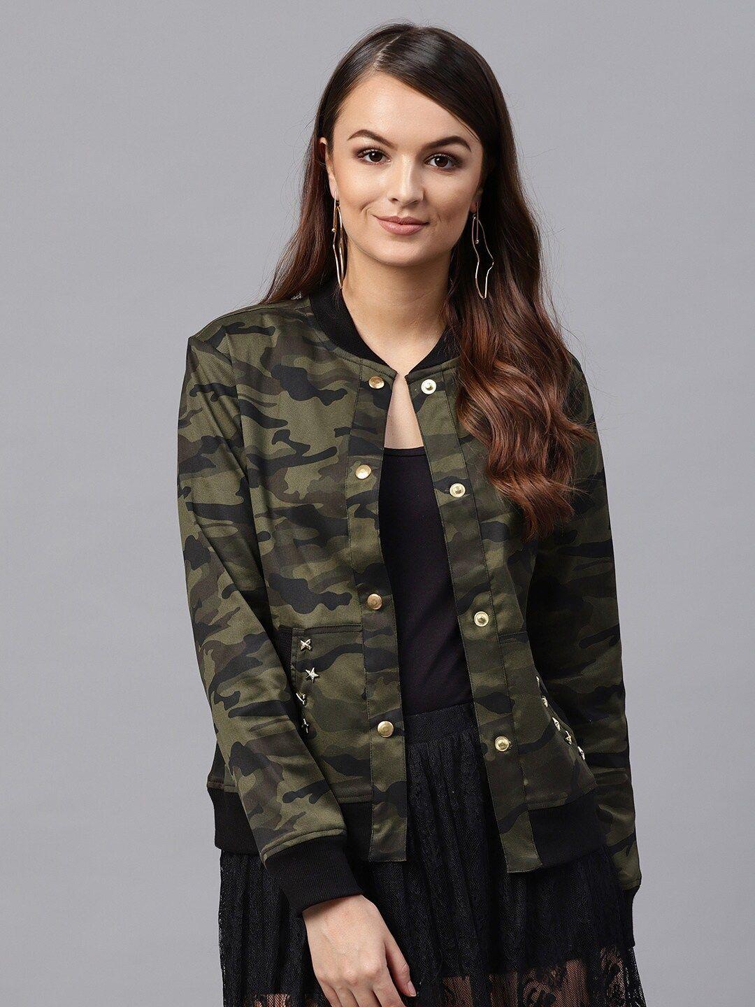 sassafras olive green camouflage printed crop bomber jacket