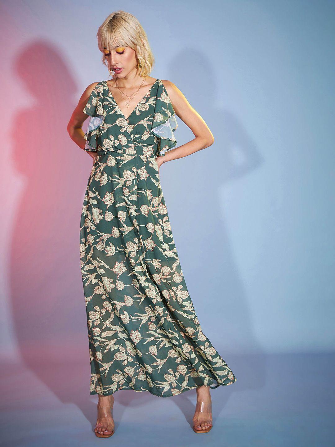 sassafras olive green floral print georgette maxi dress