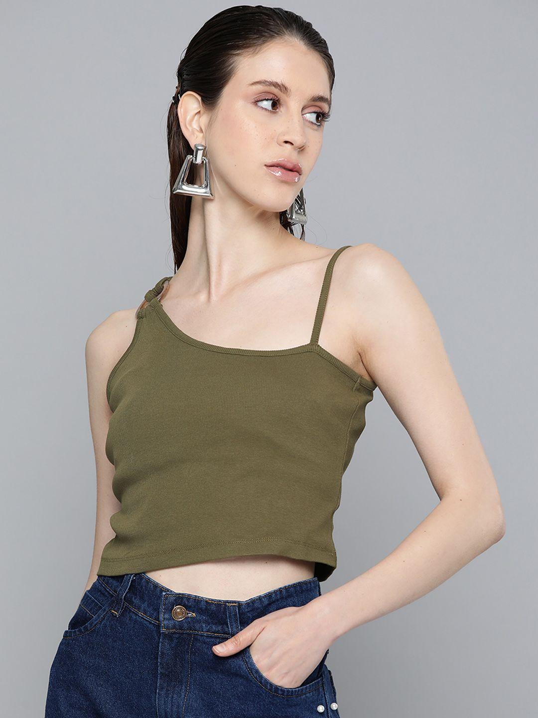 sassafras olive green pure cotton fitted crop top