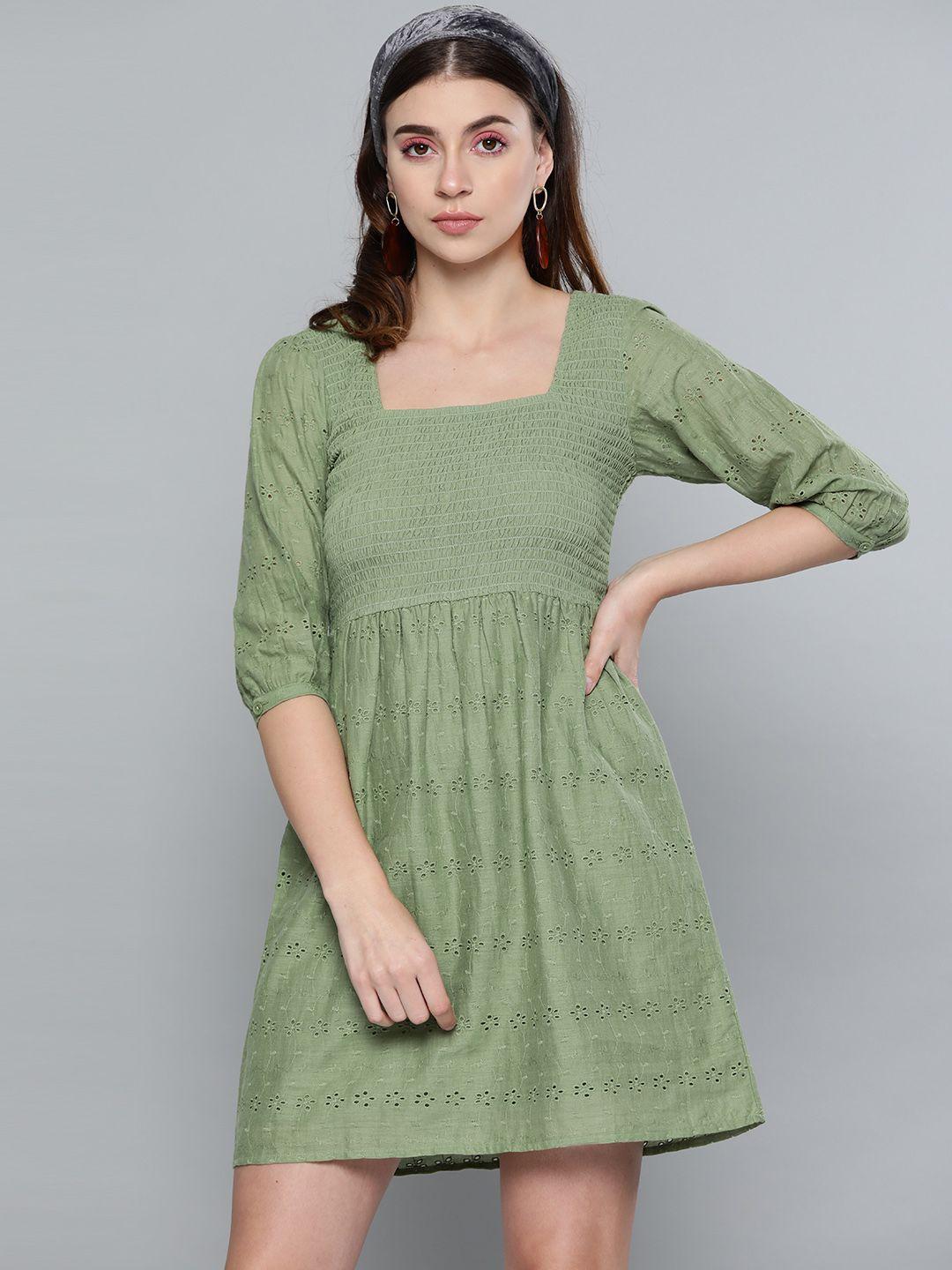 sassafras olive green schiffli embroidered a-line dress