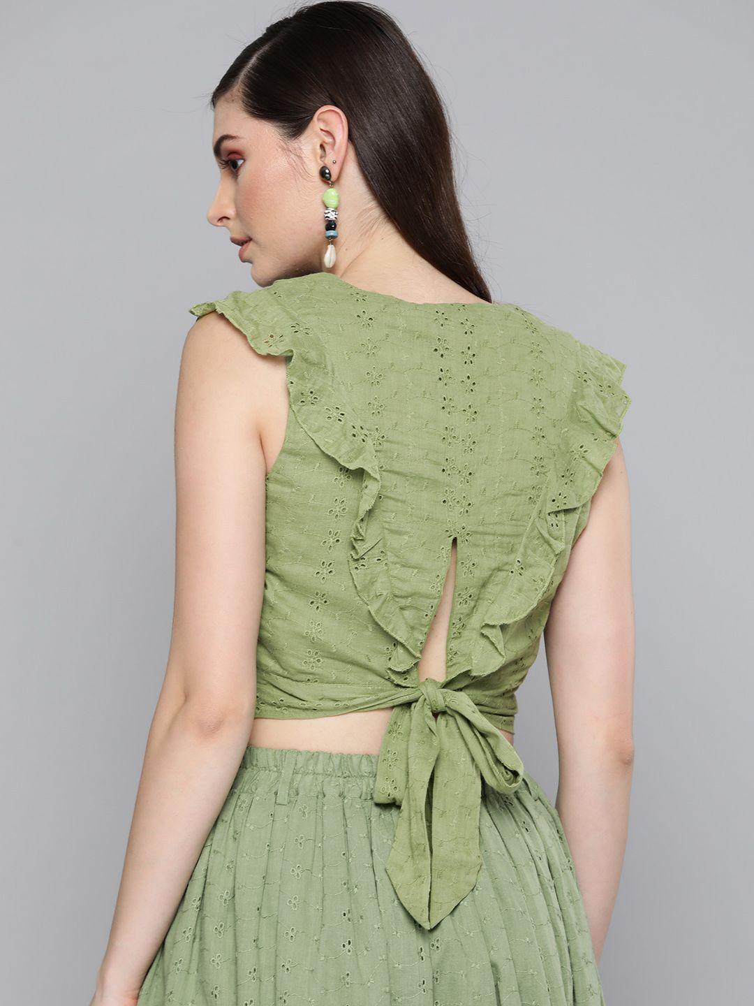 sassafras olive green schiffli embroidered crop styled back pure cotton top