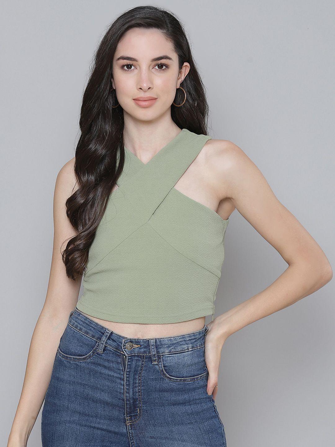 sassafras olive green twisted fitted crop top